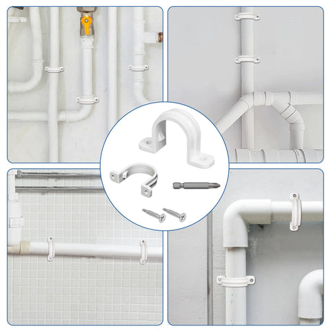 20-pack PVC conduit clamps Φ32 mm; white two-hole plastic pipe clips with screws, shown front, side, and installed views