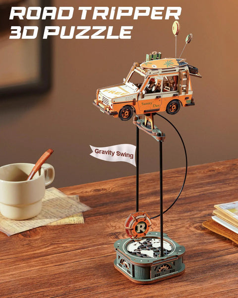 Dope Pendulum Balance Toy 3D Wooden Puzzle Kit For Adults, retro road tripper car on desk with gravity swing base