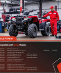 Red Honda ATV with compatible models list, Rancher and Foreman fitment, showcasing garage setting