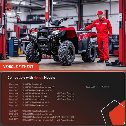 Red Honda ATV with compatible models list, Rancher and Foreman fitment, showcasing garage setting