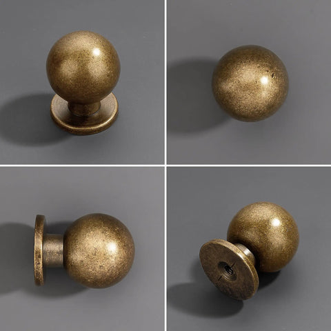 10 Pack 1 Inch Vintage Antique Brass Ball Knob Set For Cabinets And Drawers, Round Solid Knobs, 25mm Diameter, Side View