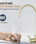 Pouring water from RO Water Filter Faucet for Home Kitchen Use No Fuss Non Air Gap Style, cUPC NSF certified stainless steel finish.
