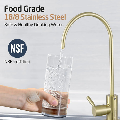 Pouring water from RO Water Filter Faucet for Home Kitchen Use No Fuss Non Air Gap Style, cUPC NSF certified stainless steel finish.