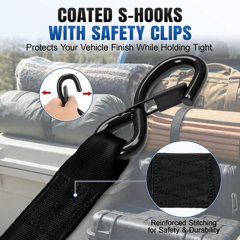 Real Deal Heavy Duty Retractable Ratchet Straps Two Inch By Ten Feet Four Thousand Pound Break Strength Two Pack showing coated S-hooks.