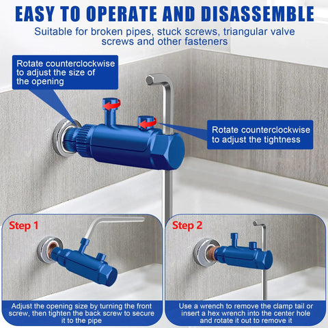 Two Pack Stripped Screw Extractor Set For Damaged Faucets And Pipes in blue showing operation steps for pipe repair