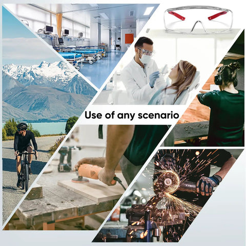 Collage showing Over Glasses Safety Goggles With Anti Fog And Scratch Resistant Lenses ANSI Z87 Certified used in various scenarios.