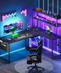 L Shaped Gaming Desk With LED Light And Power Outlet 53 Inch Reversible Computer Desk With Shelves Storage Bag And Hook