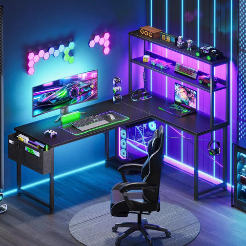 L Shaped Gaming Desk With LED Light And Power Outlet 53 Inch Reversible Computer Desk With Shelves Storage Bag And Hook