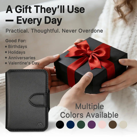MagSafe Wallet With RFID Blocking Magnetic Card Holder For iPhone 17 16 15 14 13 12 Series Ultra Slim 5 To 8 Card Capacity With Cash Slot And Clear ID Window Minimalist Midnight Black shown as a gift idea.