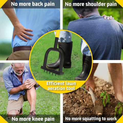 Spike Lawn Aerator With Six 2.4 Inch Tines in use reducing back, shoulder, and knee pain, promoting efficient lawn aeration.