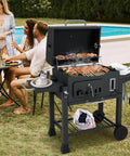 Barrel Charcoal Grill With Side Tables And Wheels, 544 Sq In Total Cooking Space, Portable Outdoor BBQ On Wheels, Charcoal Tray