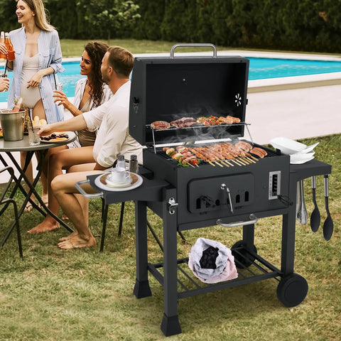 Barrel Charcoal Grill With Side Tables And Wheels, 544 Sq In Total Cooking Space, Portable Outdoor BBQ On Wheels, Charcoal Tray
