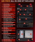 400 Piece Drill Bit Set With Drawer Case For Metal Wood And Masonry Pro Grade Drill And Screwdriver Bit Kit For Quick Drilling And Driving Perfect For DIY Projects, showing organized tools in a red-lined black case.