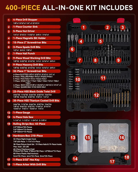 400 Piece Drill Bit Set With Drawer Case For Metal Wood And Masonry Pro Grade Drill And Screwdriver Bit Kit For Quick Drilling And Driving Perfect For DIY Projects, showing organized tools in a red-lined black case.