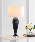 Navy Ribbed Glass Table Lamp with Crystal Base, Contemporary Bedside Light with White Faux Silk Shade, UL Listed and ETL Safe