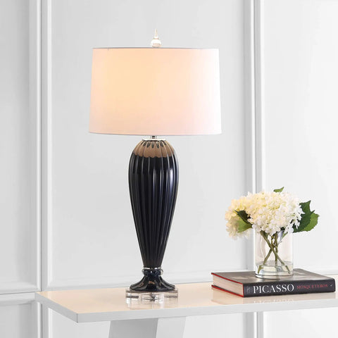 Navy Ribbed Glass Table Lamp with Crystal Base, Contemporary Bedside Light with White Faux Silk Shade, UL Listed and ETL Safe
