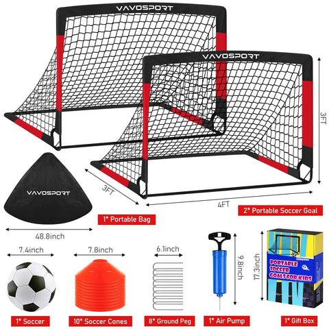 2 Pack 4x3 Feet Portable Kids Soccer Goals For Backyard Practice Pop Up Easy Setup Indoor And Outdoor Training Kit with ball, cones, pump, and bag for ages 3 to 12