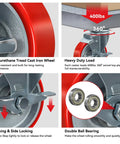 4 Inch Heavy Duty Caster Wheels Set Of 4 With Brakes 1600 Lb Load Capacity Polyurethane On Cast Iron Tread close-up view