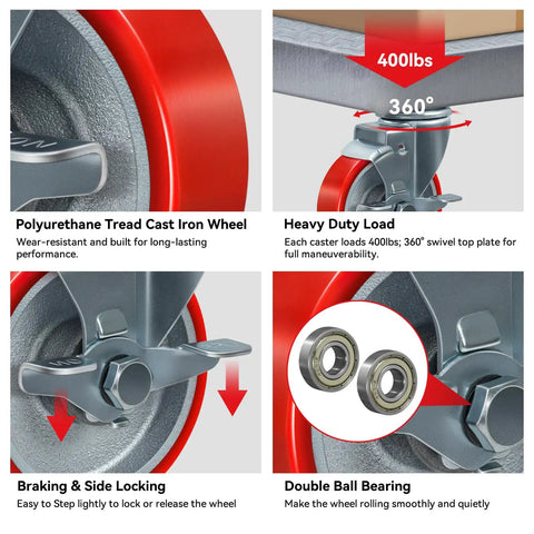 4 Inch Heavy Duty Caster Wheels Set Of 4 With Brakes 1600 Lb Load Capacity Polyurethane On Cast Iron Tread close-up view