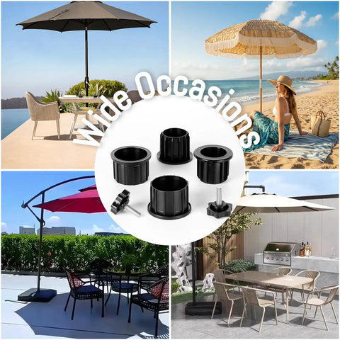 Umbrella Base Replacement Parts Kit With Ring Plugs And Two M8 Threaded Knobs displayed around various patio umbrella setups.