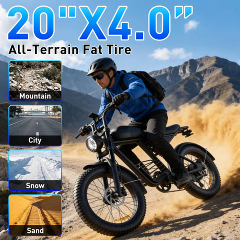 Rider on 1500W Peak Electric Bike For Adults, 35 MPH Off Road And City Commute, Fat 20x4.0 Tire, navigating sandy terrain.