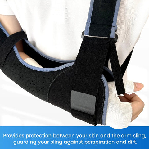 Breathable Stockinette Hand Tubing For Wrist Braces And Thumb Spica Liners, Lightweight Gauze Sleeve under black arm sling