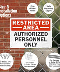 Restricted Area Authorized Personnel Only Heavy Duty Rustproof Aluminum Safety Sign 10 By 14 Inch on a brick wall background.