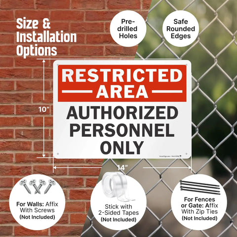 Restricted Area Authorized Personnel Only Heavy Duty Rustproof Aluminum Safety Sign 10 By 14 Inch on a brick wall background.