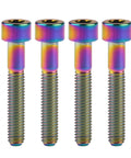 Front view: four rainbow titanium M6x40mm socket head bolts