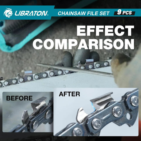Boss Chainsaw File Set With Multiple Files In Five Thirty Two Three Sixteen And Seven Thirty Two Inch Sizes Plus A Six Inch Flat File Depth Gauge Filing Guide Quick Check Gauge Bar Groove Cleaner And Pouch For Easy Sharpening effect comparison showing before and after sharpening results on chainsaw teeth.