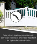 White gate with 10 Inch Ornamental Gate Handle Built Tough Decorative Pull For Gates Barn Doors Fences Sheds Garages Closets Pantries Sliding Doors Indoor Outdoor Use Black Powder Coated Finish installed.