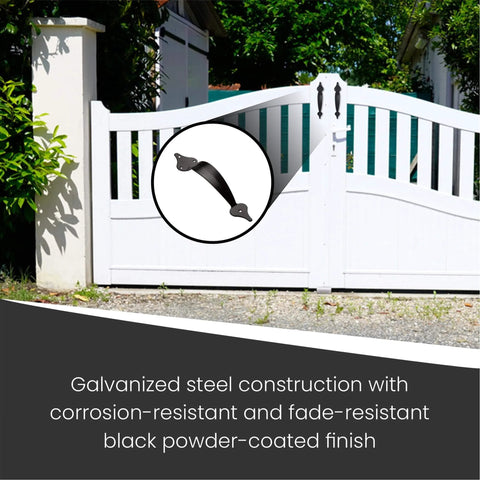 White gate with 10 Inch Ornamental Gate Handle Built Tough Decorative Pull For Gates Barn Doors Fences Sheds Garages Closets Pantries Sliding Doors Indoor Outdoor Use Black Powder Coated Finish installed.