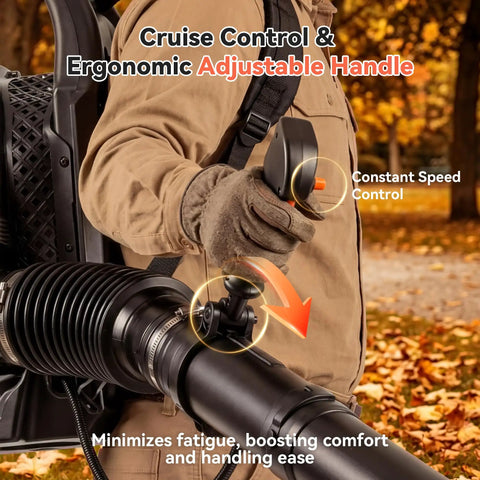 Close-up of Heavy Duty 72cc Gas Power Backpack Leaf Blower ergonomic handle with cruise control in use.