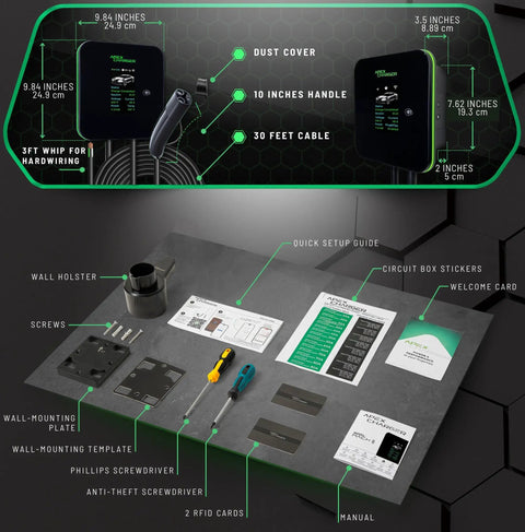 Fast Hardwired Level 2 EV Charger With NACS Tesla Connector Forty Eight Amps Eleven Point Five Kilowatts Wall Mount EVSE Thirty Foot Cable Garage Pro Home Charging Station LED Live Status Display Five Year Coverage, displaying charger units, cables, and installation tools.