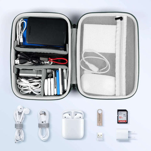 Sick EVA Electronics Storage Case Large Shockproof Waterproof Accessory Tote For Cables Phones And Tech Gear Organizing While Traveling Or Working In Rugged Green Single Layer Pack with organized tech accessories inside.