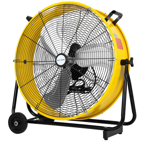 Beast Mode High Velocity Industrial Drum Fan 24 Inch With 8100 CFM Three Speed Heavy Duty Metal Shop Fan in yellow housing.