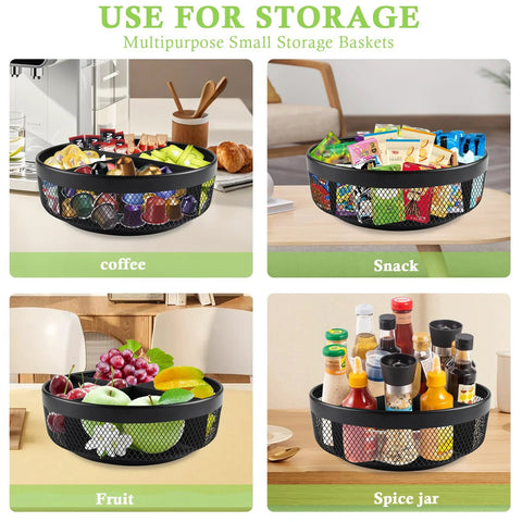 Xbopetda countertop snack organizer, black metal mesh, 4-compartment rotating tray with divider