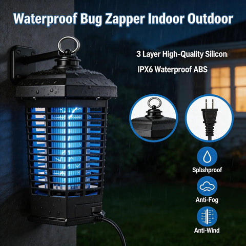 Outdoor Waterproof Mosquito Zapper Electric Insect Killer Lamp For Backyard Patio Garden And Sports Fields 4200V High Power 15W UV Light Mosquito Trap With Protective Cage And 10Ft Cord on wall