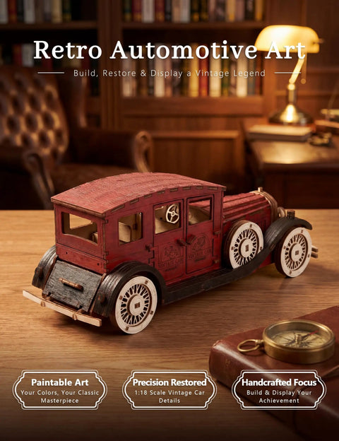 Paintable 3D Wooden Vintage Car Puzzle For Adults No Glue Required 187 Piece, 1:18 scale painted classic car model on desk