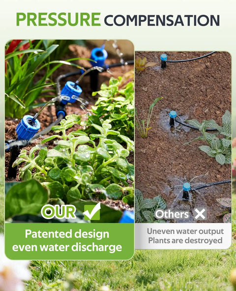 Comparison of 100 Ft Pressure Compensated Drip Irrigation System With Timer No Leak Quick Connect For Automatic Watering 24 Adjustable Emitters and others showing water output efficiency.