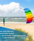 Person flying Rainbow 2.2 Stunt Kite For Beginners And Beyond Dual Line Foil Sport Kite on a beach under clear skies.