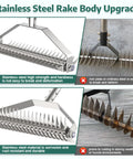 Lawn Dethatching Rake With 15.6 Inch Wide Head And 20 Curved Tines, Heavy Duty Stainless Steel, corrosion-resistant upgrade