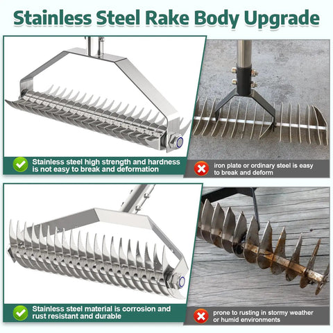 Lawn Dethatching Rake With 15.6 Inch Wide Head And 20 Curved Tines, Heavy Duty Stainless Steel, corrosion-resistant upgrade
