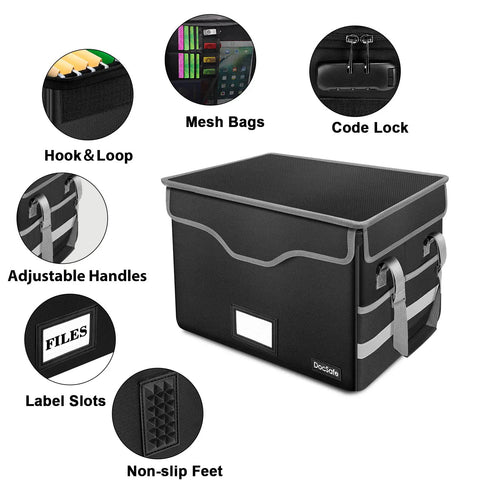 Fireproof Document Box With Lock Collapsible File Organizer With Mesh Pockets Portable Home Office Safe Filing Box For Hanging Letter And Legal Folders Grab And Go Handle Black featuring details like mesh bags, code lock, and adjustable handles.