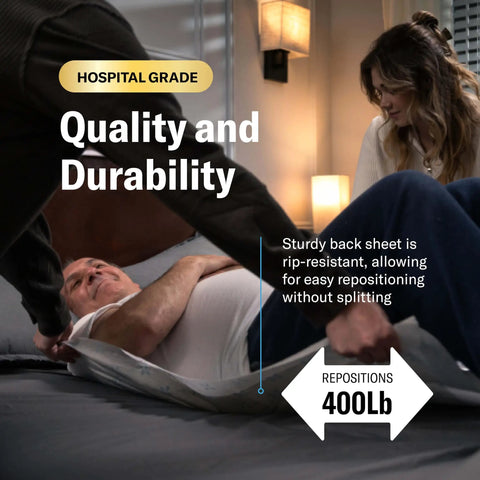 Caregiver using Boss Level Heavy Duty Disposable Adult Incontinence Underpads XXX Large 36 By 36 Inch to reposition patient safely.