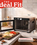Slick Digital Food Dehydrator With Six Heavy Duty Trays, Smooth 360 Airflow Tech, One Touch Time Presets, Quick Dry Setup For Homemade Jerky Fruits And Herbs, Total Snacking Upgrade on a kitchen counter with vegetables.