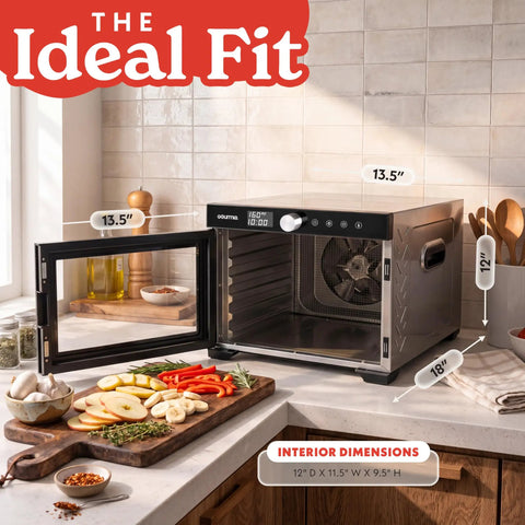 Slick Digital Food Dehydrator With Six Heavy Duty Trays, Smooth 360 Airflow Tech, One Touch Time Presets, Quick Dry Setup For Homemade Jerky Fruits And Herbs, Total Snacking Upgrade on a kitchen counter with vegetables.