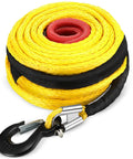 Coiled yellow Half Inch By 100 Foot Synthetic Winch Rope Kit With 32000 Pound Breaking Strength, red inner ring and hook visible.