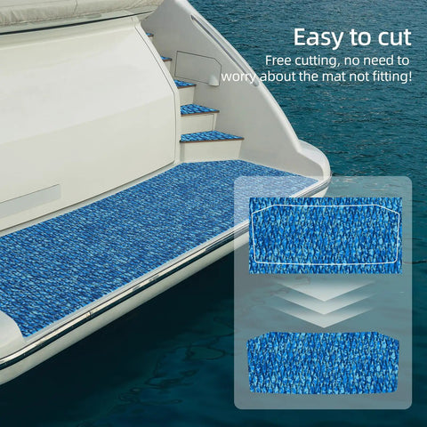 Camo EVA Boat Flooring Self Adhesive Non Slip Decking Mat installed on boat steps and platform with cutting option