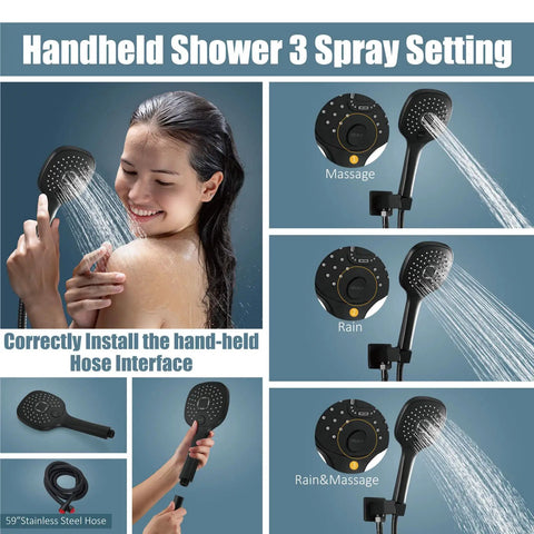 Matte Black Shower System With 12 Inch Rainfall Head And Handheld Spray Brass Construction 2 Function Overhead Rainfall